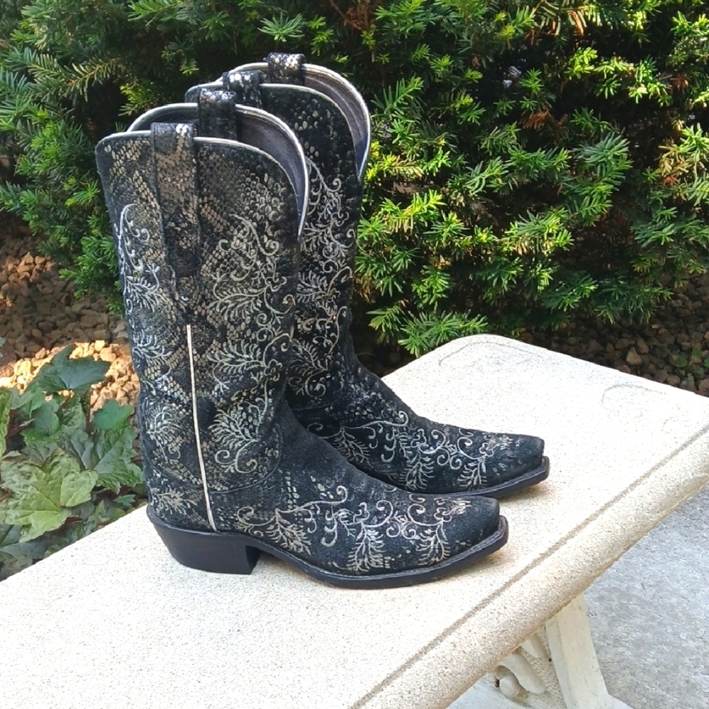 Lucchese Women's N4717 Black Metallic Sueded Python Print Western Boot Sz 7 - Picture 2 of 16